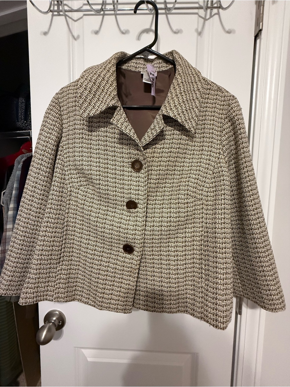 Kim Rogers Beige & Brown Tweed Button-Front Cape Jacket